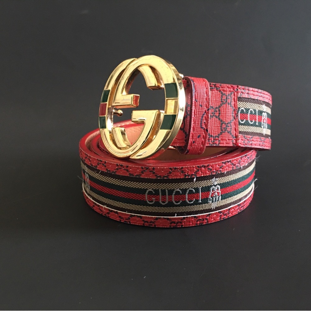 Gucci Leather Belt Red Green Beige Interlocking G Buckle 37-41 Waist - Picture 1 of 16
